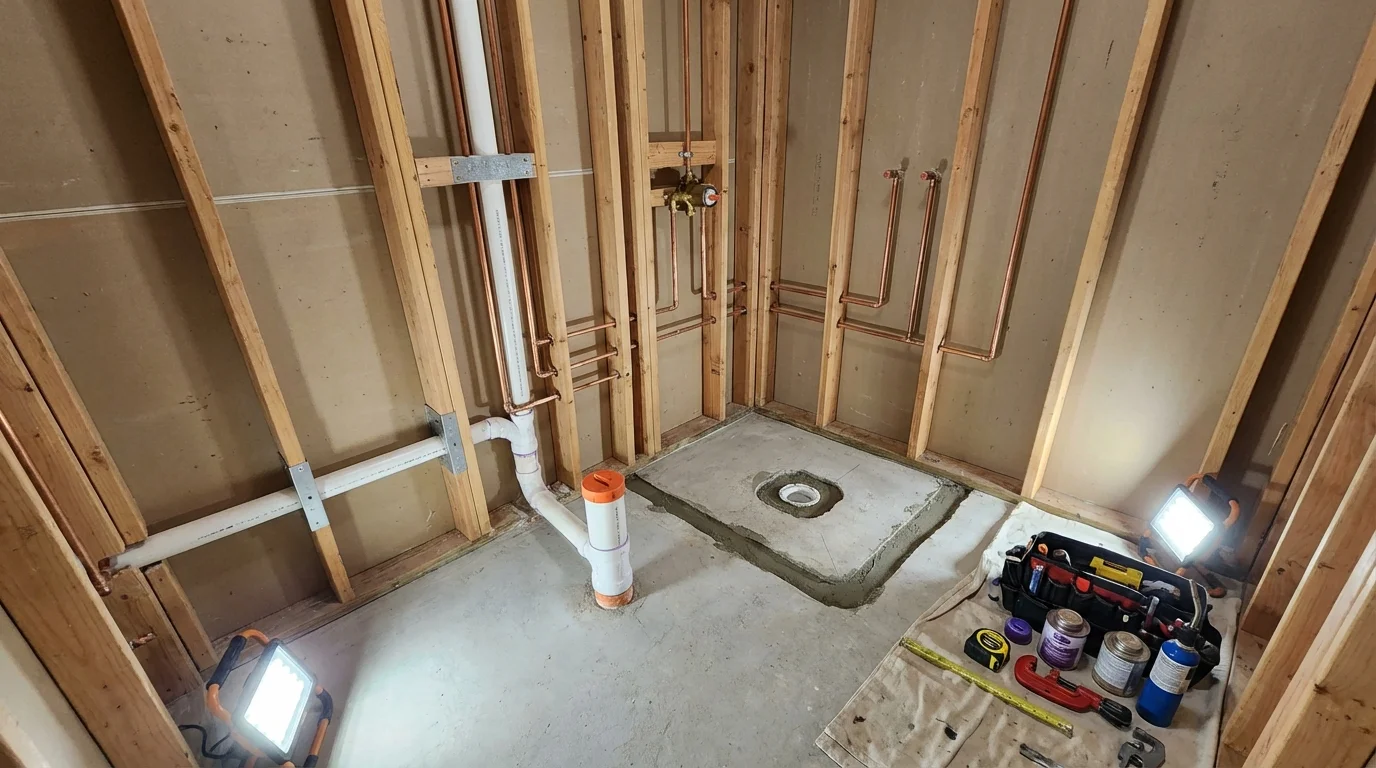 Bathroom rough-in plumbing during remodel by Johns Plumbing LLC in California