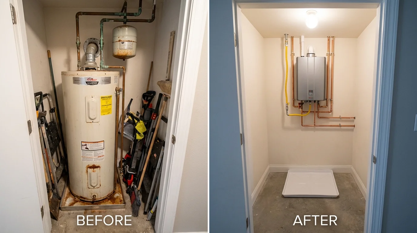 Tank water heater versus wall-mounted tankless unit comparison for California, MD homeowners