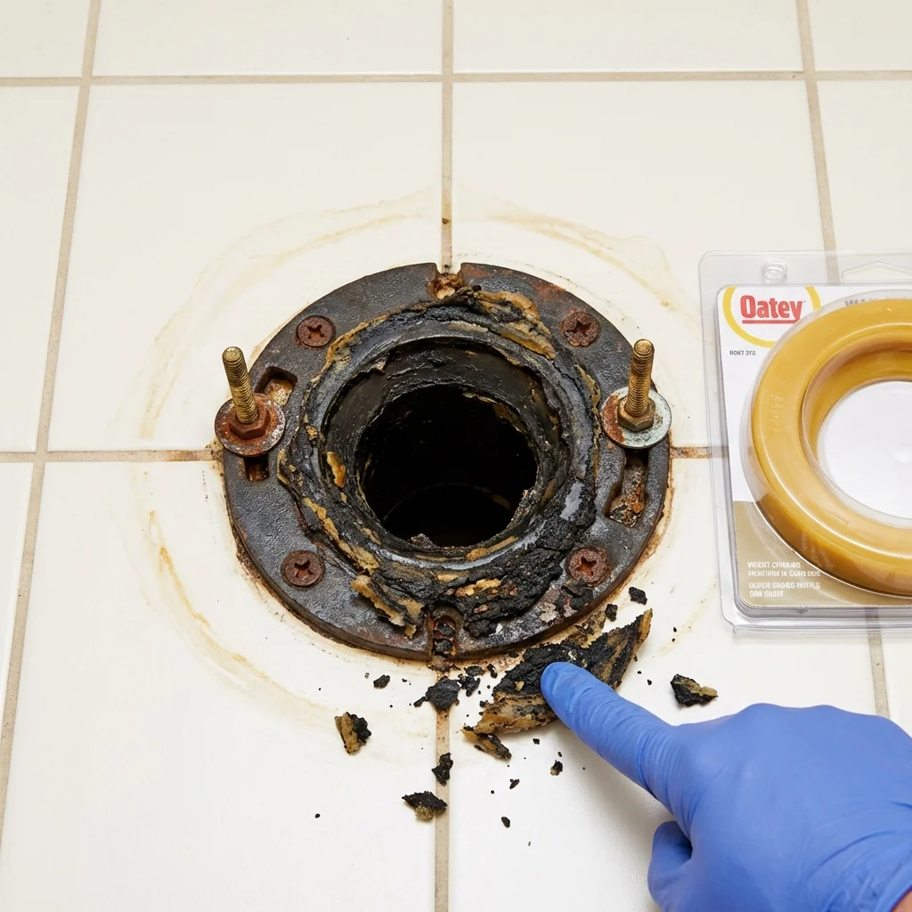 Failed wax ring showing water seepage at the base of a toilet in a California, MD home