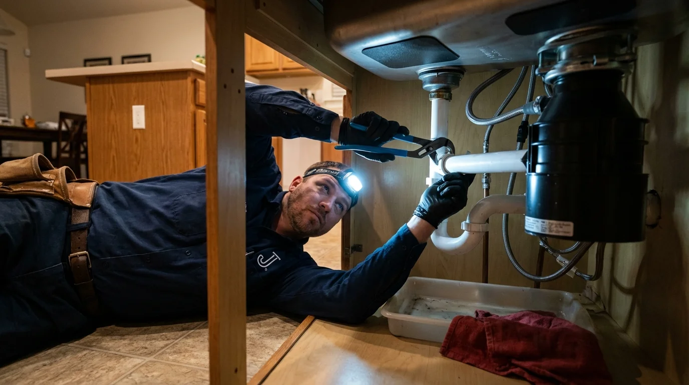 P-trap and supply line connections under a kitchen sink showing a common leak point in California, MD